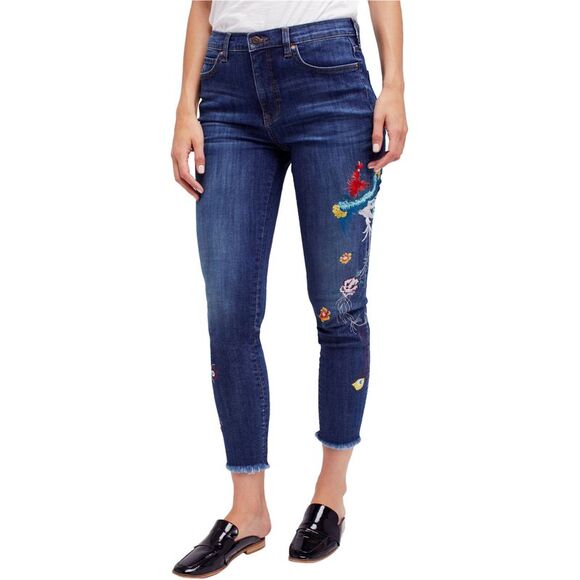 Free People Denim - Free People Womens Embroidered Tapered Skinny Jeans, Blue, 24, DM